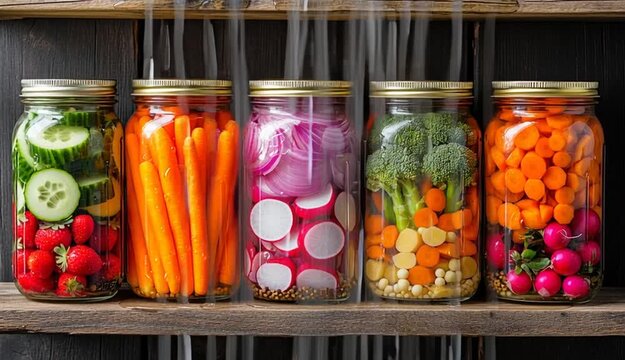 Two rows of mason jars filled with colorful pickled vegetables on rustic wooden shelves, top row contains pink pickled onions, cucumber slices, broccoli and carrots, orange carrot sticks, broccoli w