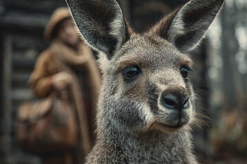 Fototapeta premium Close up of kangaroo with detailed fur and expressive eyes in natural outdoor setting, showing calm and curiosity in its gaze