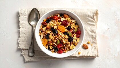 A close-up, top-down view of a bowl of granola with dried fruit and nuts, next to a spoon on a folded cloth