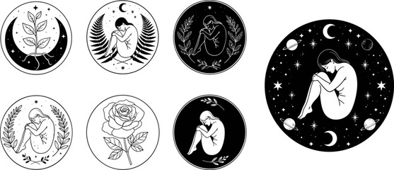 Contemplative figure illustration set, cosmic and nature themes, introspective poses, celestial and botanical elements, black and white design, isolated on white background