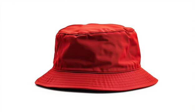 Red bucket hat on pure white background, side profile view, cotton fabric fisherman hat with wide circular brim