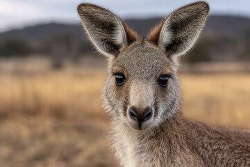 Young kangaroo looking directly at camera with soft fur and large ears in natural blurred outdoor environment showing gentle expression