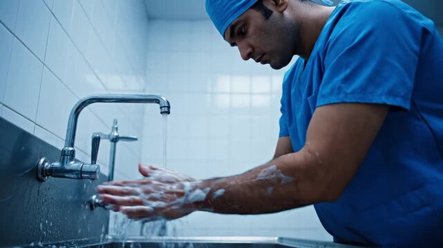 healthcare professional washing hands with soap and water in a clean hospital bathroom environment for medical hygiene and infection control procedures