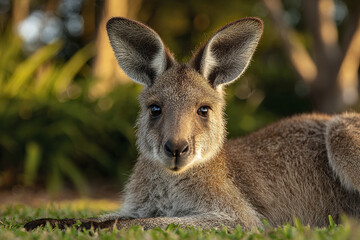 Fototapeta premium Young kangaroo lying on green grass with soft fur and large ears in natural outdoor setting, showing calm and relaxed wildlife moment in warm sunlight
