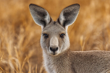 Fototapeta premium Young kangaroo portrait with large ears raised in natural dry grass habitat, showing soft fur texture and curious expression in warm golden light