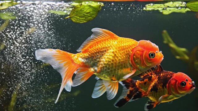 Two bright goldfish glide through bubbles, orange fins flashing as green plants sway in a glass tank