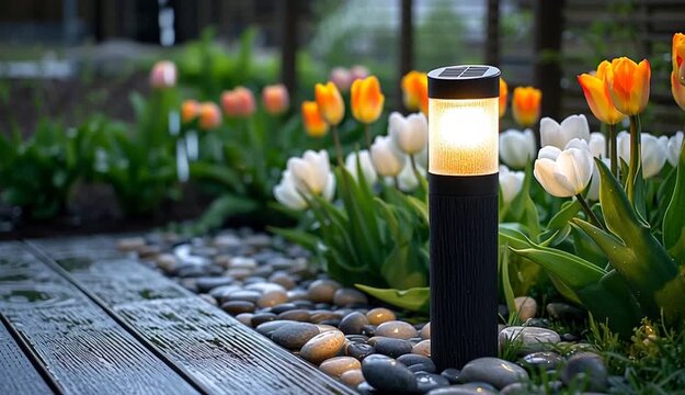 Solar-powered motion sensor garden light mounted on wooden post illuminating pathway, warm LED glow on wet wooden deck with river stones, white and orange tulips in background garden bed
