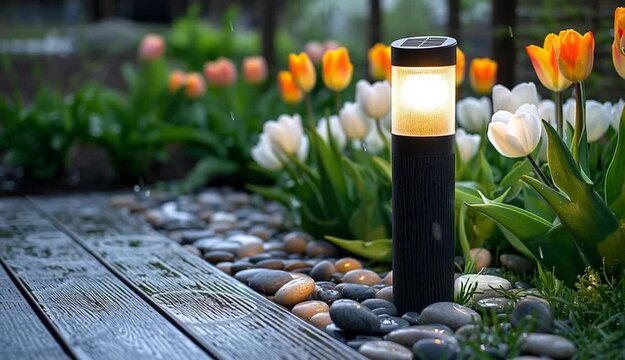 Solar-powered motion sensor garden light mounted on wooden post illuminating pathway, warm LED glow on wet wooden deck with river stones, white and orange tulips in background garden bed
