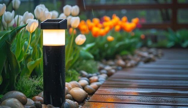 Solar-powered motion sensor garden light mounted on wooden post illuminating pathway, warm LED glow on wet wooden deck with river stones, white and orange tulips in background garden bed
