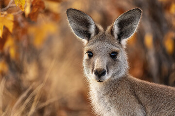 Fototapeta premium Young kangaroo with soft fur and large ears sitting in natural habitat with autumn leaves and warm soft focus background, peaceful and calm expression