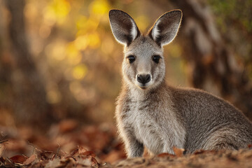 Fototapeta premium Young kangaroo sitting in natural habitat with soft focus background and warm autumn colors creating peaceful and gentle atmosphere in wild environment