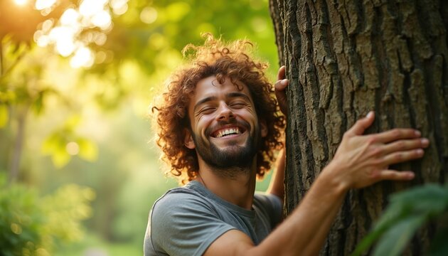 Man embraces tree with happy smile. Male feels connection to nature and warmth. Person relaxes outdoors in sunlight and green forest. Serene moment.