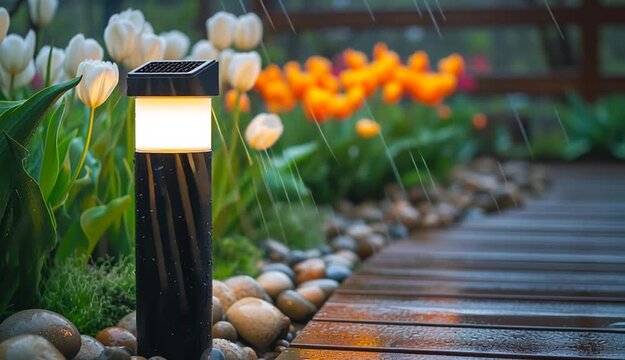 Solar-powered motion sensor garden light mounted on wooden post illuminating pathway, warm LED glow on wet wooden deck with river stones, white and orange tulips in background garden bed
