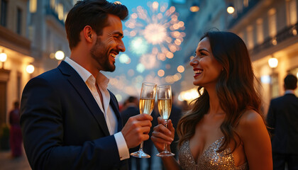 Man and woman clink champagne glasses celebrating New Year city lights. People party in background with fireworks. Festive couple enjoy luxury night event.
