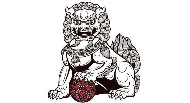 Traditional Chinese Foo Dog Imperial Guardian Lion Holding Ball, Hand Drawn Black and White Line Art, Isolated White Background