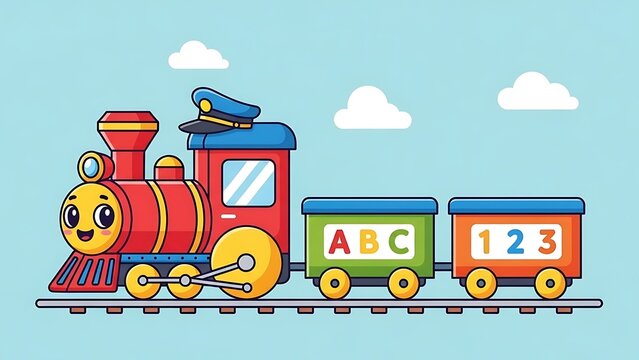 Colorful cartoon train with educational cars.