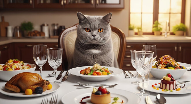 Gray Cat Sitting at Elegant Dinner Table