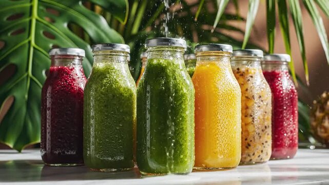Row of colorful juice bottles on a sunlit table, framed by lush tropical leaves! and sunlight today