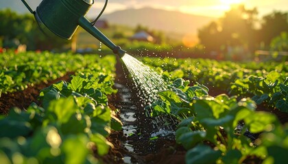 A close-up view captures water showering leafy green plants in neat rows under the golden light of the sun, enhancing the scene's life