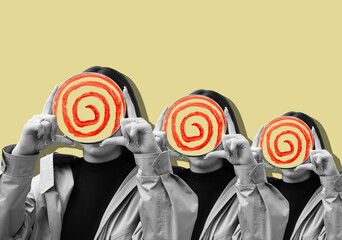 Collage with a woman holding a red hypnotic spiral in front of her face