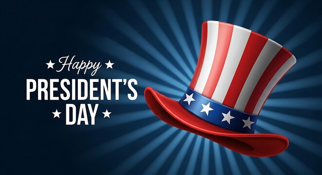 Patriotic illustration featuring a stylized Uncle Sam top hat with American flag design celebrating the federal holiday President's Day