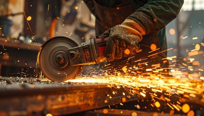 A close-up view capturing the precise use of a rotary grinder, showing sparks from the metal. The worker's hands are in focus, wearing gloves