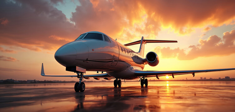 Private jet airplane parked on tarmac during sunset. Luxury aircraft reflects warm orange sky clouds. Modern transport waits on airfield for executive travel.