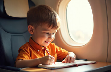 Young boy draws in notebook with red crayon on airplane. Kid sits by plane window looking outside. Happy child enjoys trip in cabin. Child travels by airline.