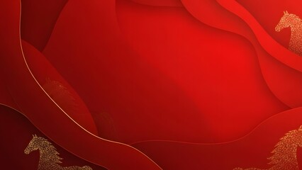 Theme Chinese New Year,&nbsp;Vibrant red abstract background with elegant gold horse silhouettes and wavy lines