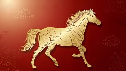 Theme Chinese New Year,&nbsp;Golden horse running on red background with floral patterns