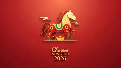 Vibrant Chinese New Year 2026 horse illustration with gold accents and red background