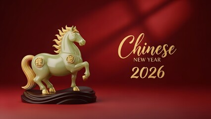 Chinese New Year 2026 gold horse statue on dark red background