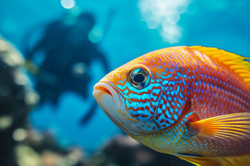 Obraz premium Man woman person scuba diving underwater surrounded by colorful tropical fish in sunlight rays marine exploration generative ai