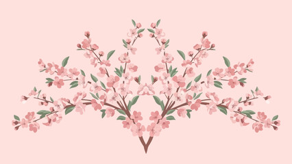 Symmetrical Pink Cherry Blossoms Branch Design, Spring Floral Pattern