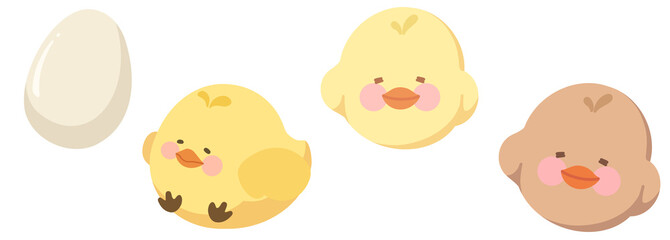 kawaii little chicks illustration collection and yellow duckling and eggs in coop set with transparent background png