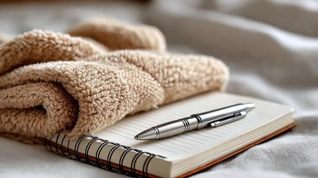 Cozy Writing Corner: A personal notebook and pen sit on a soft blanket, alongside a warm, inviting fabric, creating a scene of peaceful contemplation and creative inspiration. 