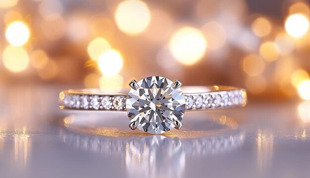 White gold engagement ring with round sapphire cut diamond solitaire, thin pave diamond band, elegant prong setting, standing upright position, soft blurred background with warm golden bokeh lights

