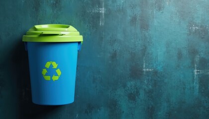 Bright blue recycling bin with green lid and recycle symbol sits against textured dark wall. Clean container with open top ready for waste sorting and reuse. Eco friendly concept with copy space.