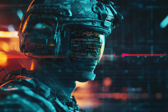 Futuristic soldier aiming through advanced ai hologram interface for military defense control, generative ai