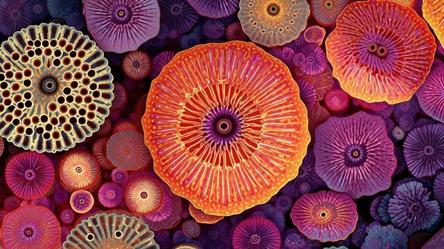 Colorful microscopic virus cells showing vibrant purple nipah virus structure in detailed view