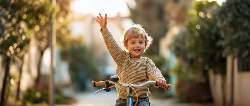 A happy young boy smiling while riding a bicycle on a quiet neighborhood street, childhood joy, freedom