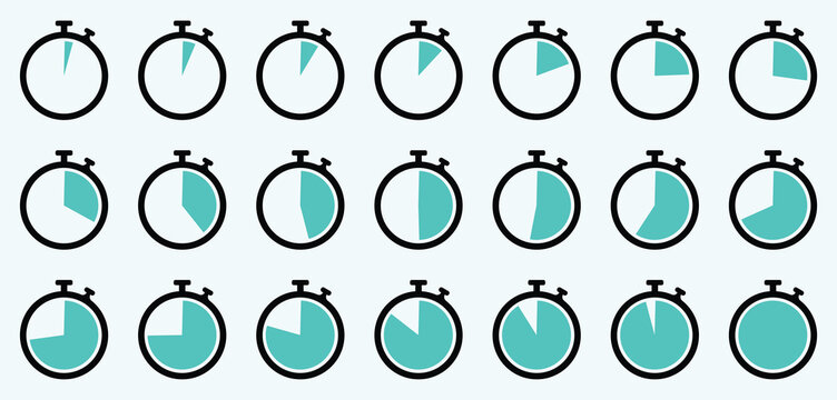 Stopwatch Timing Icons. Set of Clock Timer Icons with Countdown Intervals. Vector illustration of stopwatch icons for time tracking and urgency display. 