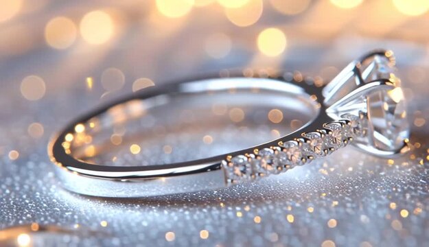 White gold engagement ring with round sapphire cut diamond solitaire, thin pave diamond band, elegant prong setting, standing upright position, soft blurred background with warm golden bokeh lights
