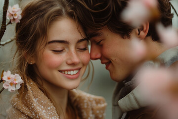 Young couple enjoying romantic spring walk under blooming trees in park meadow garden, generative ai