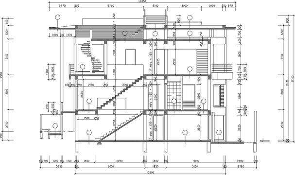 Vector sketch illustration silhouette design architectural engineering drawing section view of luxury multi-storey villa house with scale size