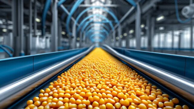 Continuous flow of yellow corn kernels on conveyor belt in industrial processing facility, showcasing the movement and arrangement of grains in a modern agricultural setting
