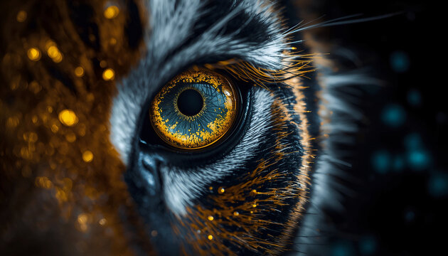 Artistic close-up of a tiger&rsquo;s eye with blue and gold tones, representing power and mystery.