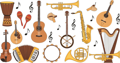 Set of musical instruments with notes vector illustration, orchestra string wind and percussion collection for music design