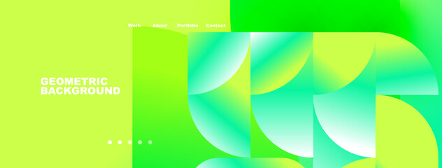 Bright abstract design features overlapping geometric shapes. Green, yellow hues dominate, creating modern aesthetic. Navigation visible.