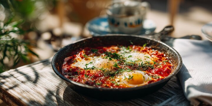 Shakshuka with poached eggs, rich tomato sauce and herbs, served in cast-iron skillet atop a rustic wooden table. White napkin and fork rest nearby as sunlight fills the Israeli courtyard behind.